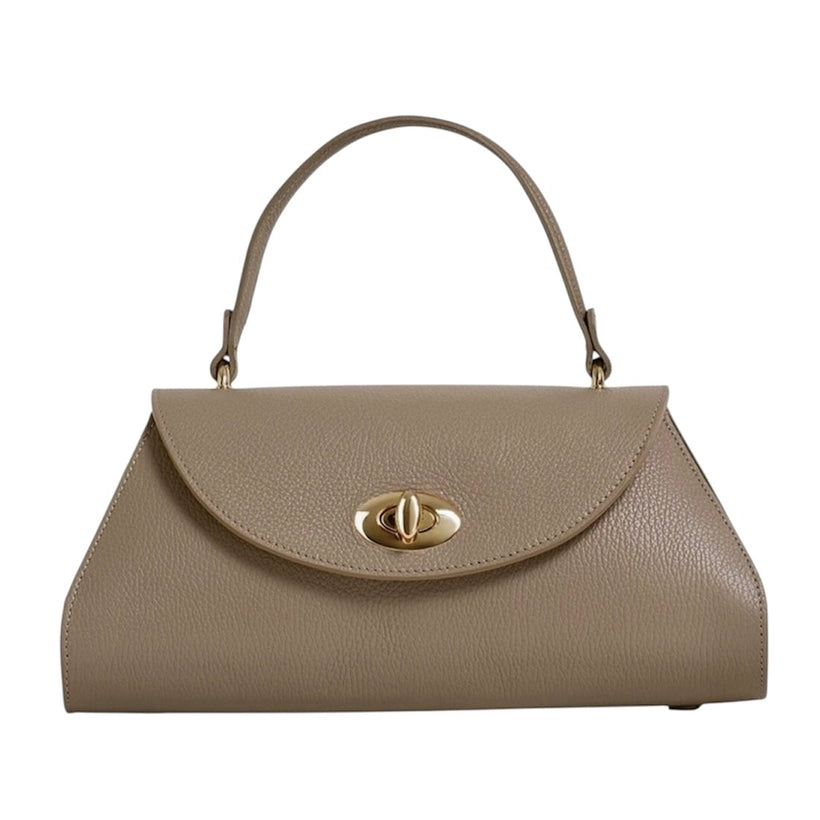 Sesto Shoulder Bag | Dark Taupe | Genuine Togo Leather | Clasp & Zip Closure | Light Gold Hardware | Handcrafted in Italy | Modarno