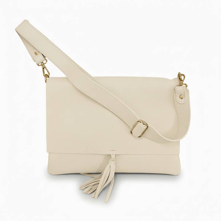 Luna Dollaro Leather Shoulder Bag | Beige | Tassel Detail | Wide Adjustable Strap | Made in Italy