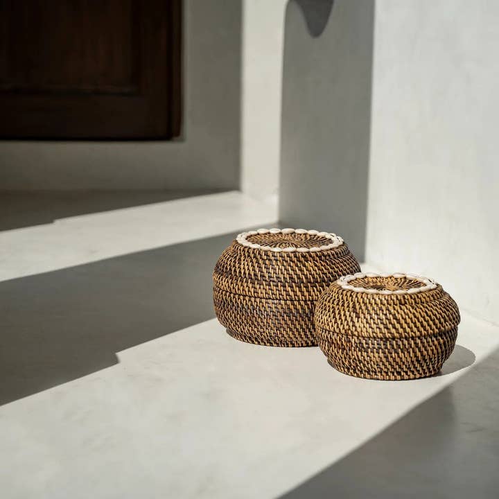 Colonial Cowrie Shell Rattan Basket | Natural Brown | Small