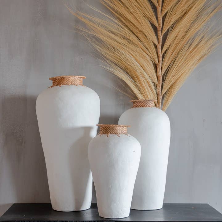 Longa Rattan Vase | White | Medium | 45 × 22 cm | Made in India