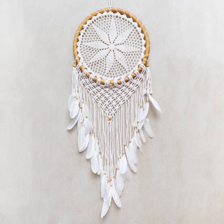 Bali Harvest Star of Lakshmi Dream Catcher | Rattan, Cotton & Goose Feathers | Large | Handmade in Bali