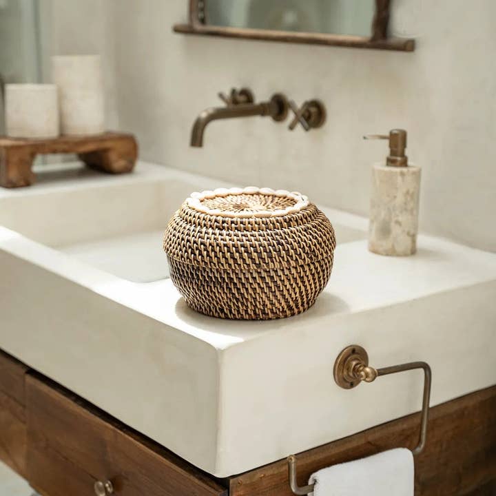 Colonial Cowrie Shell Rattan Basket | Natural Brown | Small