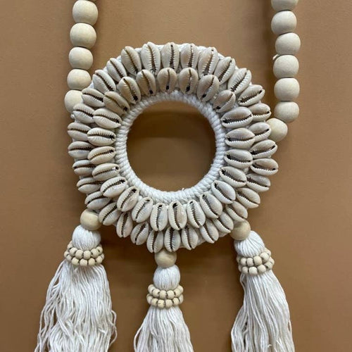 Circle Wall Hanger | Wood Beads & Cowrie Shells | 65 cm | Handmade in Bali