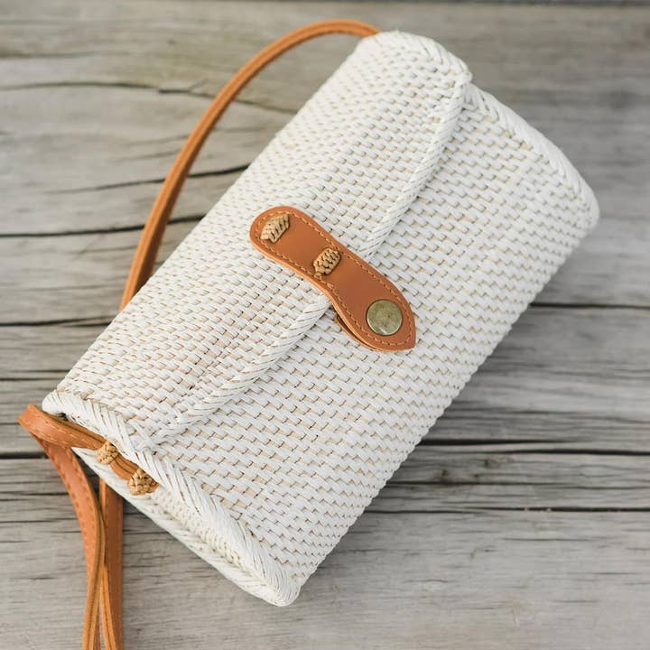Bali Harvest Rattan Clutch Bag | White | Genuine Leather Strap | Batik Linen Lining | Handmade in Bali