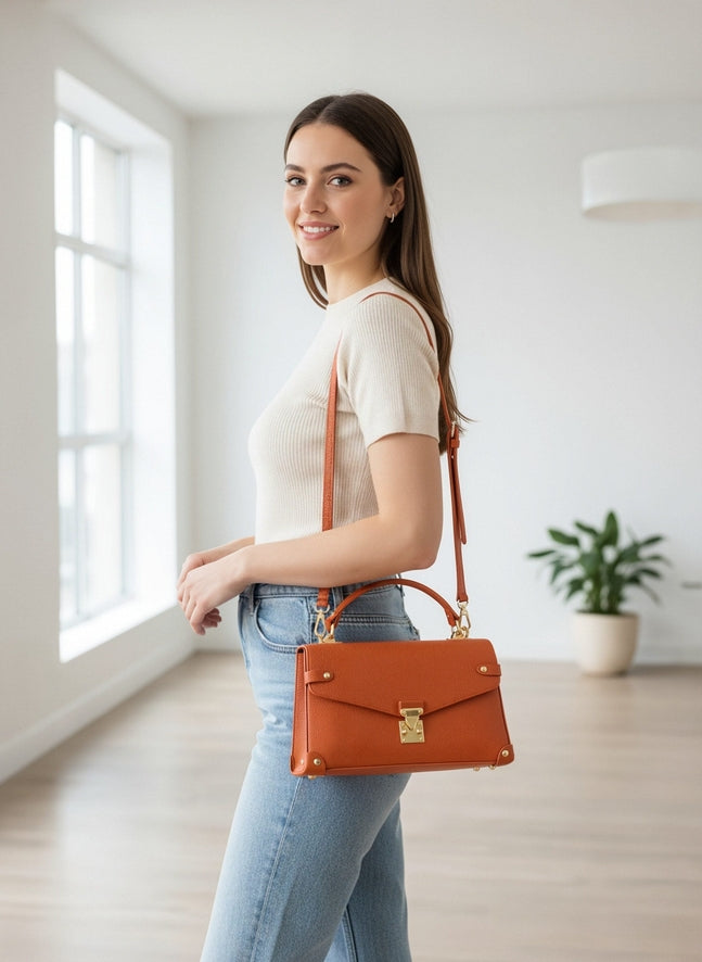 Genuine Leather Shoulder Bag | Orange | Detachable Adjustable Strap | Medium | Handcrafted in Italy | Suie Valentini