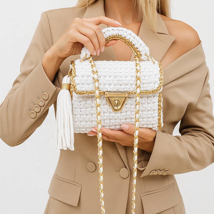 Handmade Crochet Evening Clutch | White & Gold | Wedding & Party Bag | Handmade in Turkey | CHQEL
