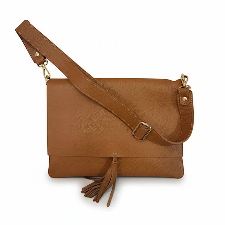 Luna Dollaro Leather Crossbody Bag | Camel | Tassel Detail | Wide Adjustable Strap | Made in Italy