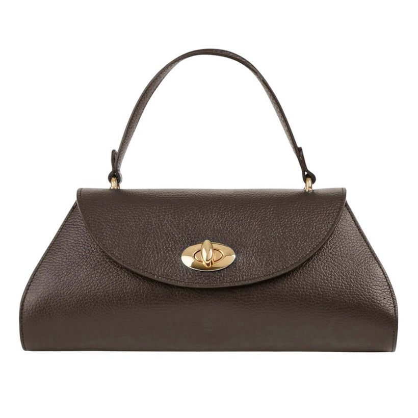 Sesto Shoulder Bag | Dark Brown | Genuine Togo Leather | Clasp & Zip Closure | Light Gold Hardware | Handcrafted in Italy | Modarno