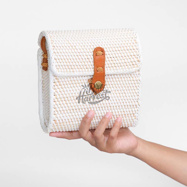 Bali Harvest Rattan Envelope Clutch | White | Ata Straw | Genuine Leather Strap | Batik Linen Lining | Handmade in Bali
