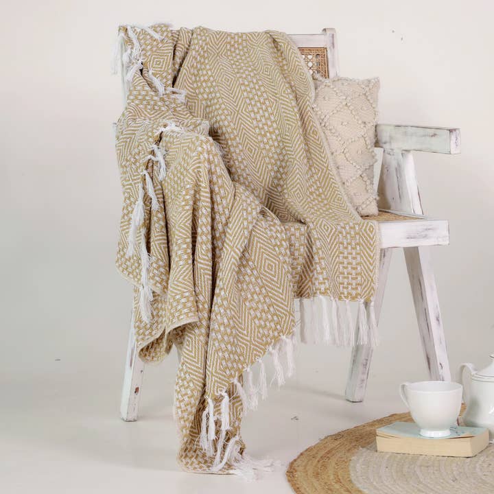 Sandora Sofa Throw | Natural Beige | Handwoven Cotton | Hand-Tied Fringes | 125×160 cm | Urbane Hide