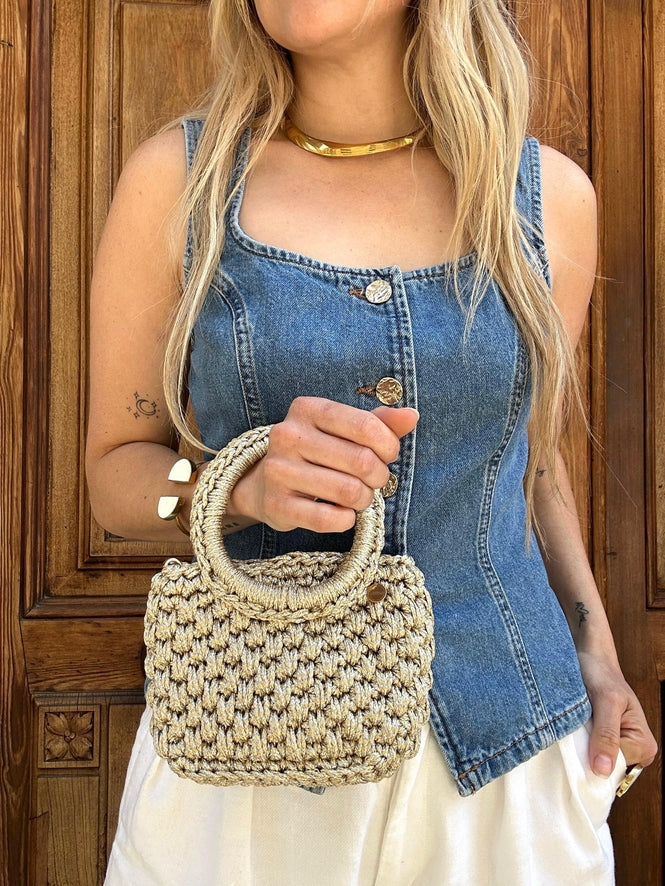 Agadir Mini Metallic Handbag | Handwoven Nautical Cord & Gold Thread | Handcrafted in Kenya