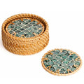 Rattan & Mother of Pearl Coaster Set | Round | Set of 6 with Holder | Made in Vietnam