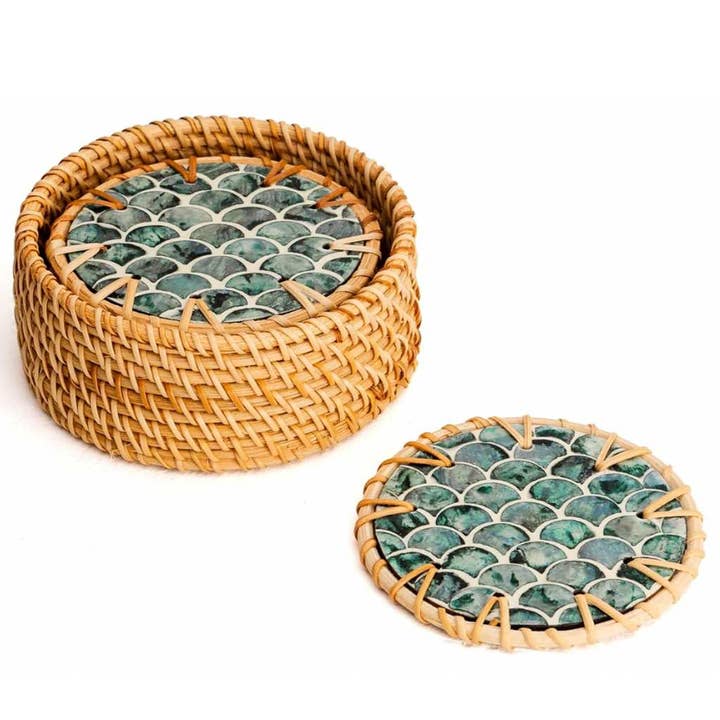 Rattan & Mother of Pearl Coaster Set | Round | Set of 6 with Holder | Made in Vietnam