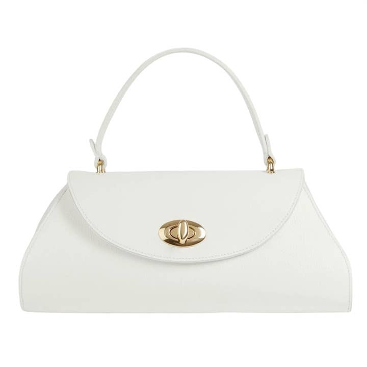 Sesto Shoulder Bag | White | Genuine Togo Leather | Clasp & Zip Closure | Light Gold Hardware | Handcrafted in Italy | Modarno