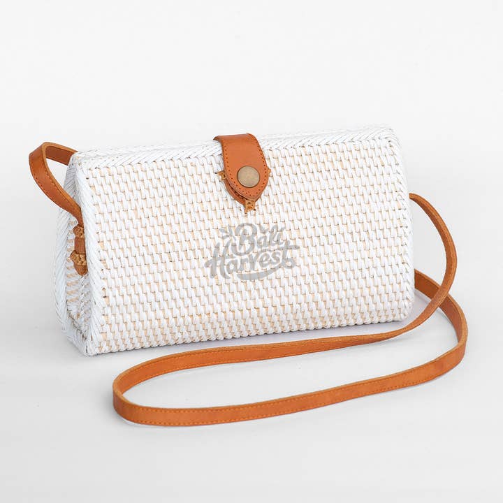 Bali Harvest Rattan Water Drop Crossbody Bag | White | Genuine Leather Strap | Batik Linen Lining | Handmade in Bali