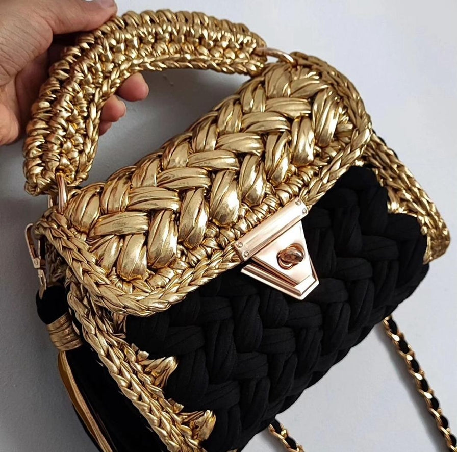 Handmade Metallic Crochet Evening Clutch | Gold & Black | Wedding & Party Bag | Handmade in Turkey