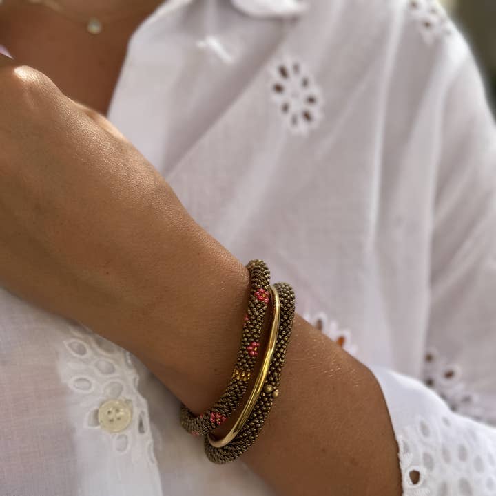 Maison Kizo Bronze Gold Glass Bead Bracelet | Hand-Crocheted in Nepal | Designed in France