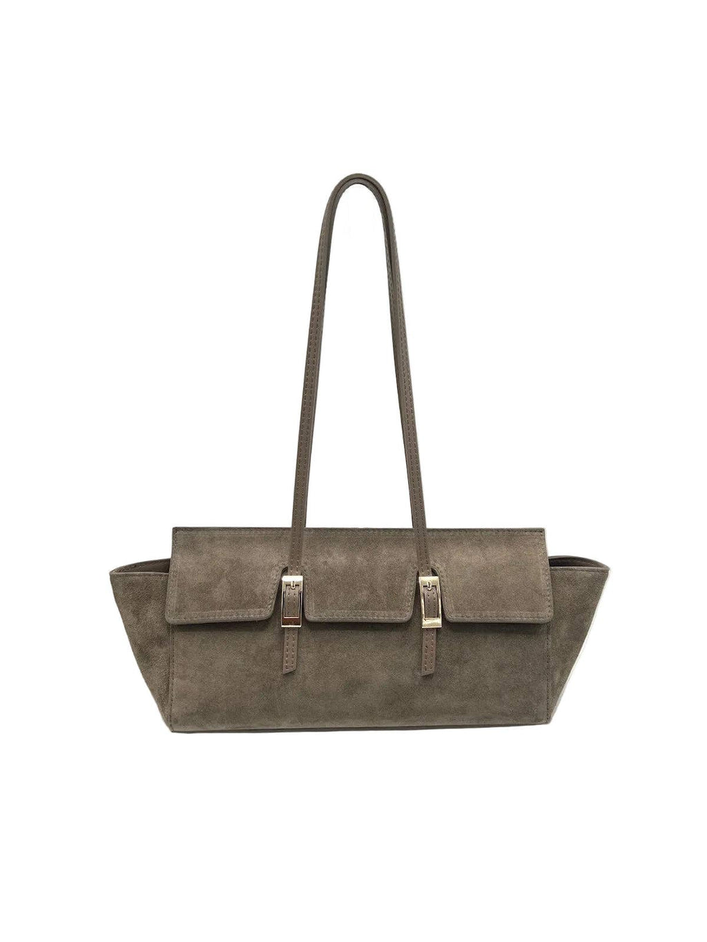 Bred toteveske i semsket skinn med doble spenner
