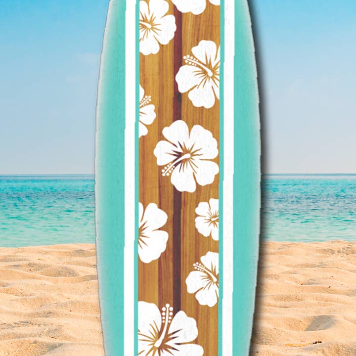 Wooden Surf Board Wall Décor – Hibiscus Teal & White
