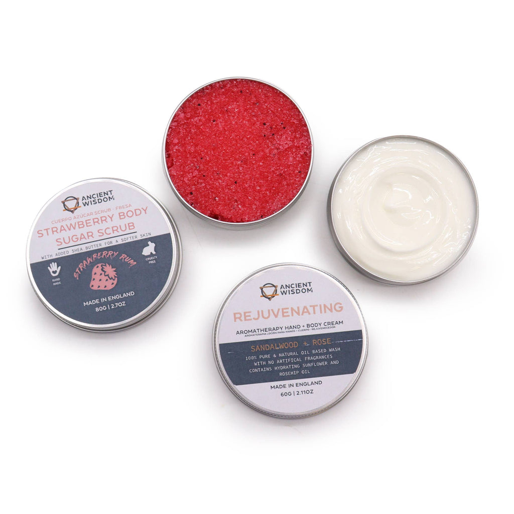 Serenity Essential Self Care Kit, gavesett med badesalt, skrubb, lotion og serum