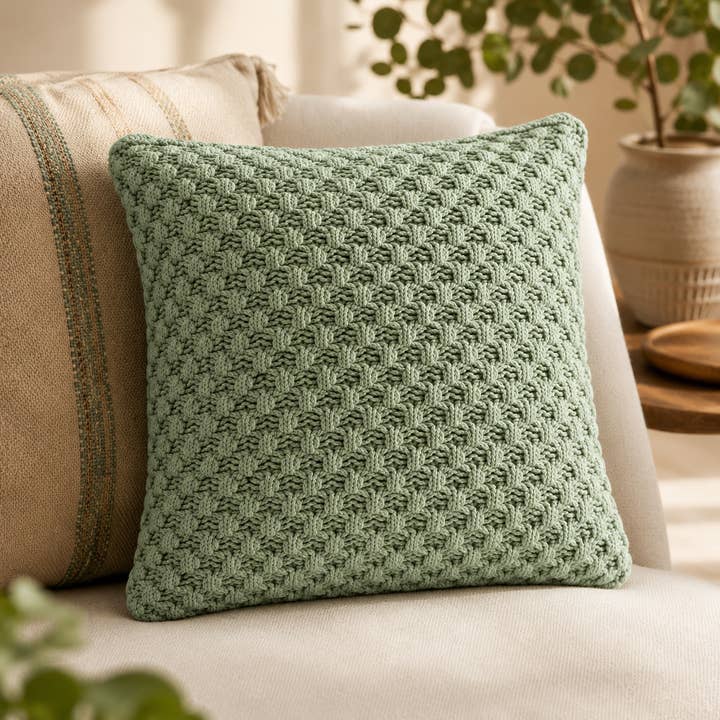 Pebl putetrekk | Salviegrønn | Popcorn-strikk | YKK-glidelås | 45×45 cm | Urbane Hide