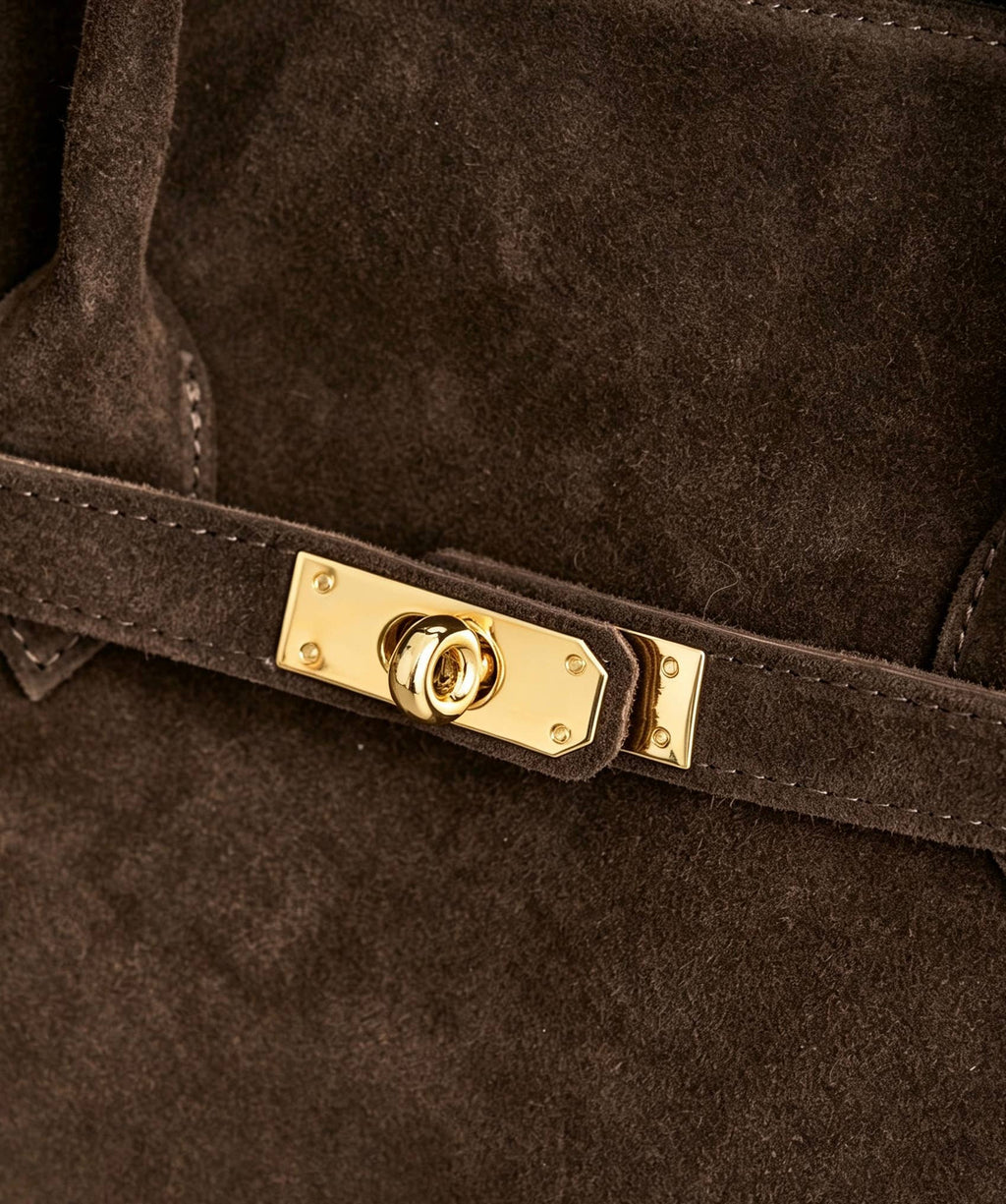Suede Tote Bag with Golden Details, toteveske i semsket skinn