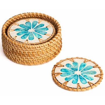 Rattan & Mother of Pearl Coaster Set | Round | Set of 6 with Holder | Made in Vietnam