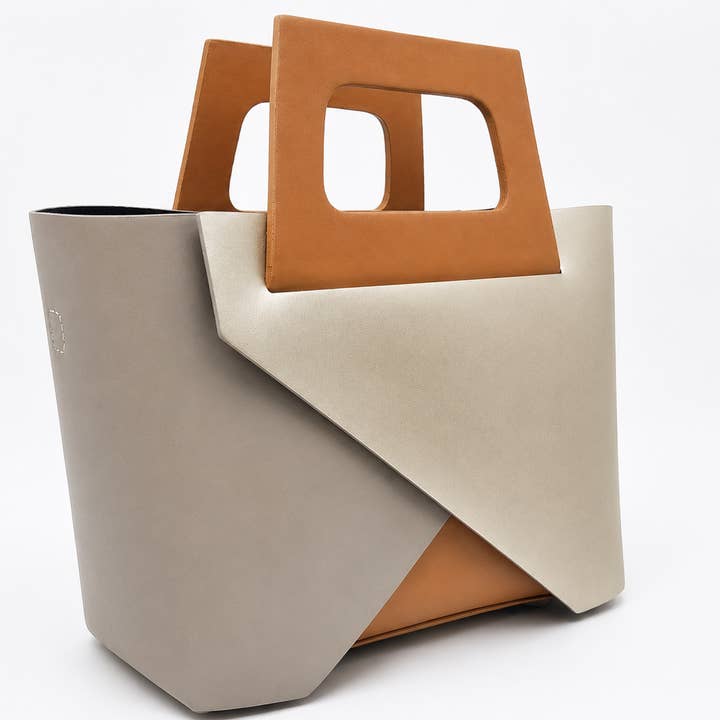 Carla | Italian Leather Geometric Handbag | Camel Gold & Taupe | Handcrafted in Italy