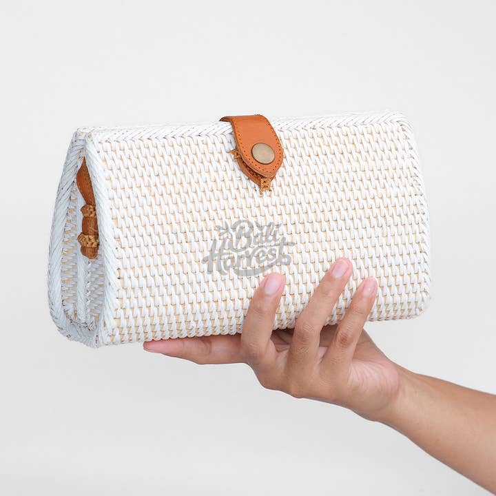 Bali Harvest Rattan Water Drop Crossbody Bag | White | Genuine Leather Strap | Batik Linen Lining | Handmade in Bali