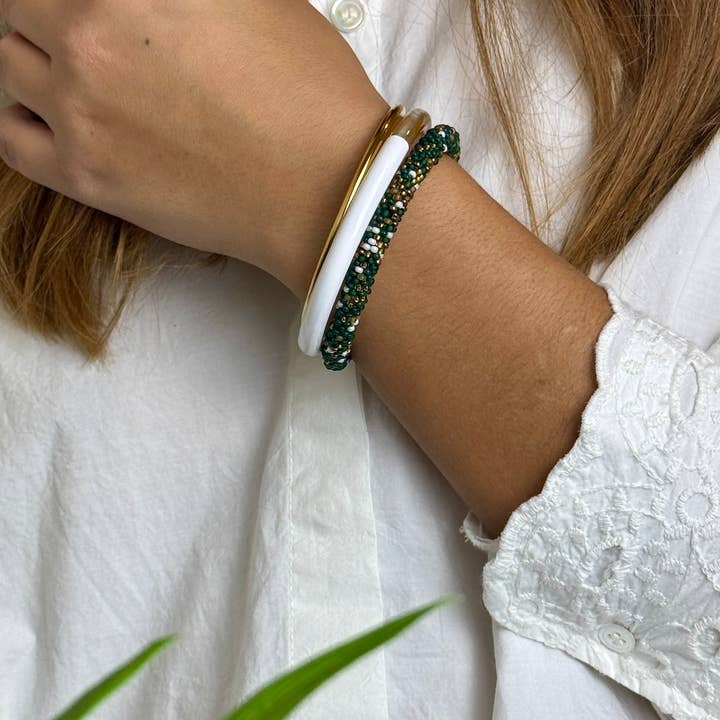 Lacquered Buffalo Horn Bangle | White & Brown | Handmade in Vietnam