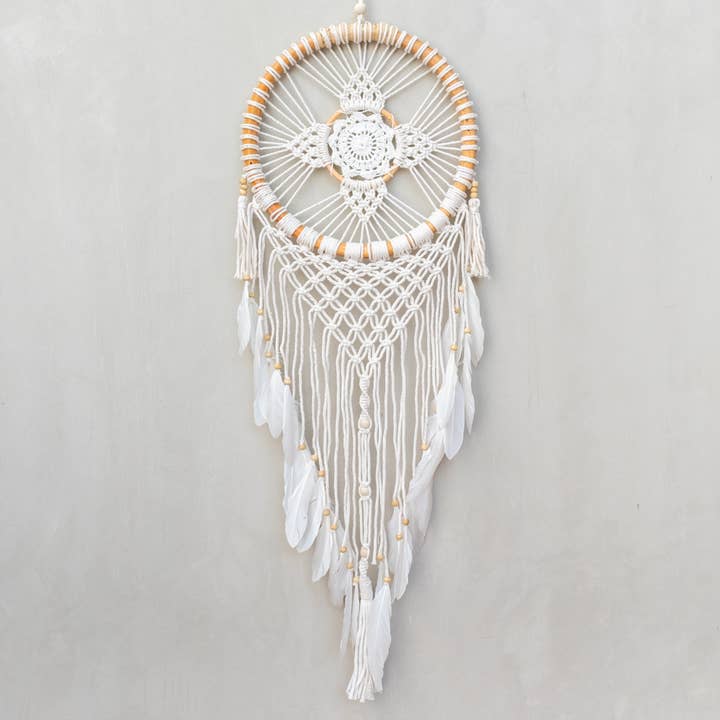 Bali Harvest Original Dream Catcher | Rattan, Cotton & Goose Feathers | Large | Handmade in Bali