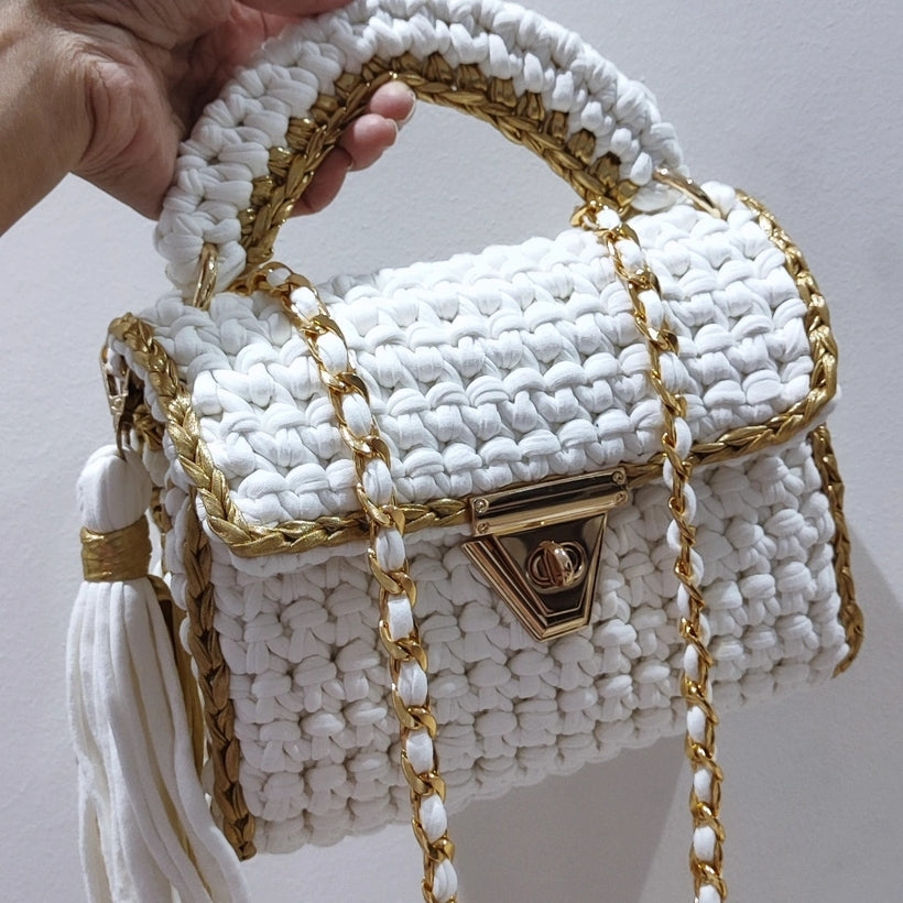 Handmade Crochet Evening Clutch | White & Gold | Wedding & Party Bag | Handmade in Turkey | CHQEL