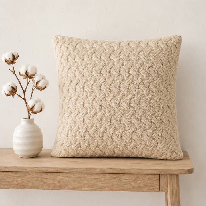 Sereno Cushion Cover | Natural Beige | Criss-Cross Cable Knit | Hidden YKK Zip | 45×45 cm | Urbane Hide