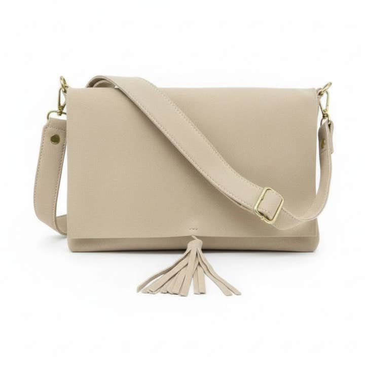 Luna Suede Leather Crossbody Bag | Light Beige | Tassel Detail | Wide Adjustable Strap | Made in Italy