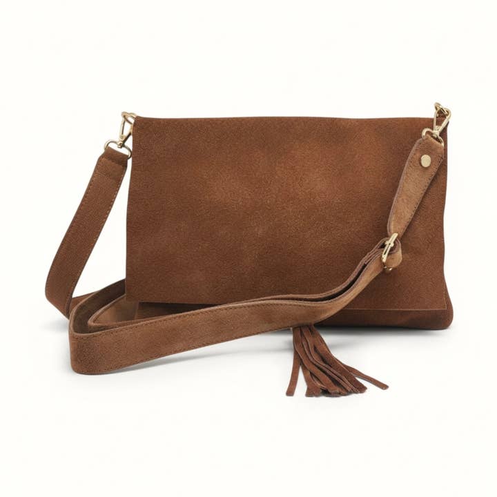 Luna Suede Leather Crossbody Bag | Dark Camel | Tassel Detail | Wide Adjustable Strap | Made in Italy