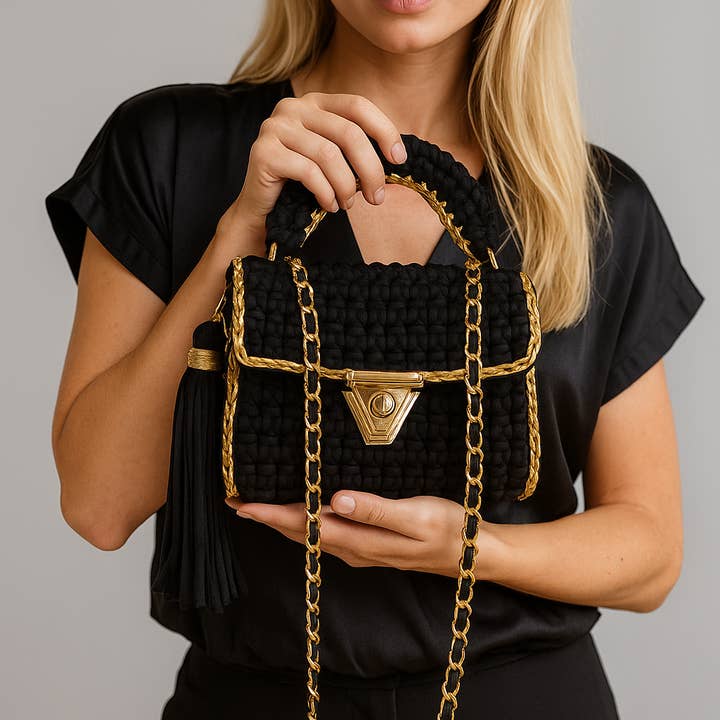 Handmade Crochet Evening Clutch | Black & Gold | Wedding & Party Bag | Handmade in Turkey | CHQEL