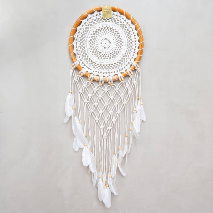 Bali Harvest Original Dream Catcher | Rattan, Cotton & Goose Feathers | Large | Handmade in Bali