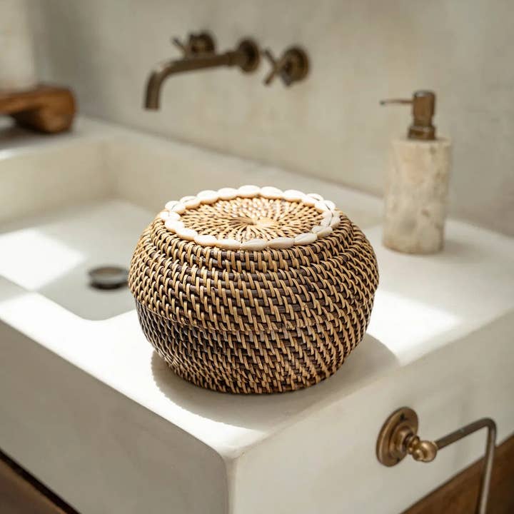 Colonial Cowrie Shell Rattan Basket | Natural Brown | Small