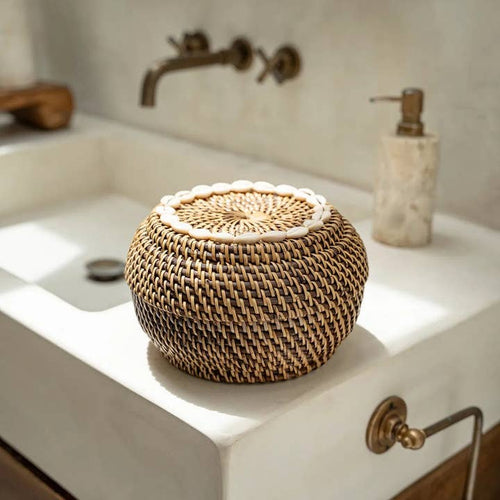 Colonial Cowrie Shell Rattan Basket | Natural Brown | Small