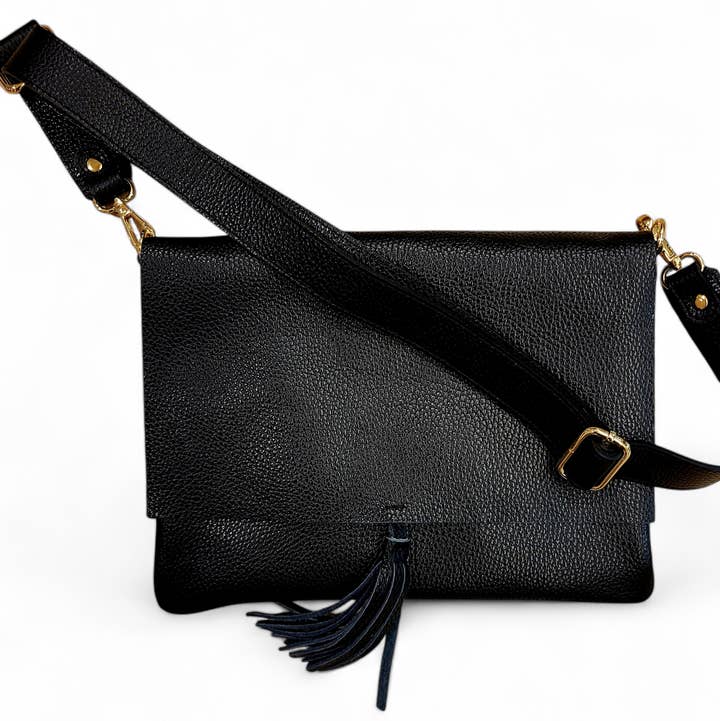 Luna Dollaro Leather Shoulder Bag | Black | Tassel Detail | Wide Adjustable Strap | Made in Italy