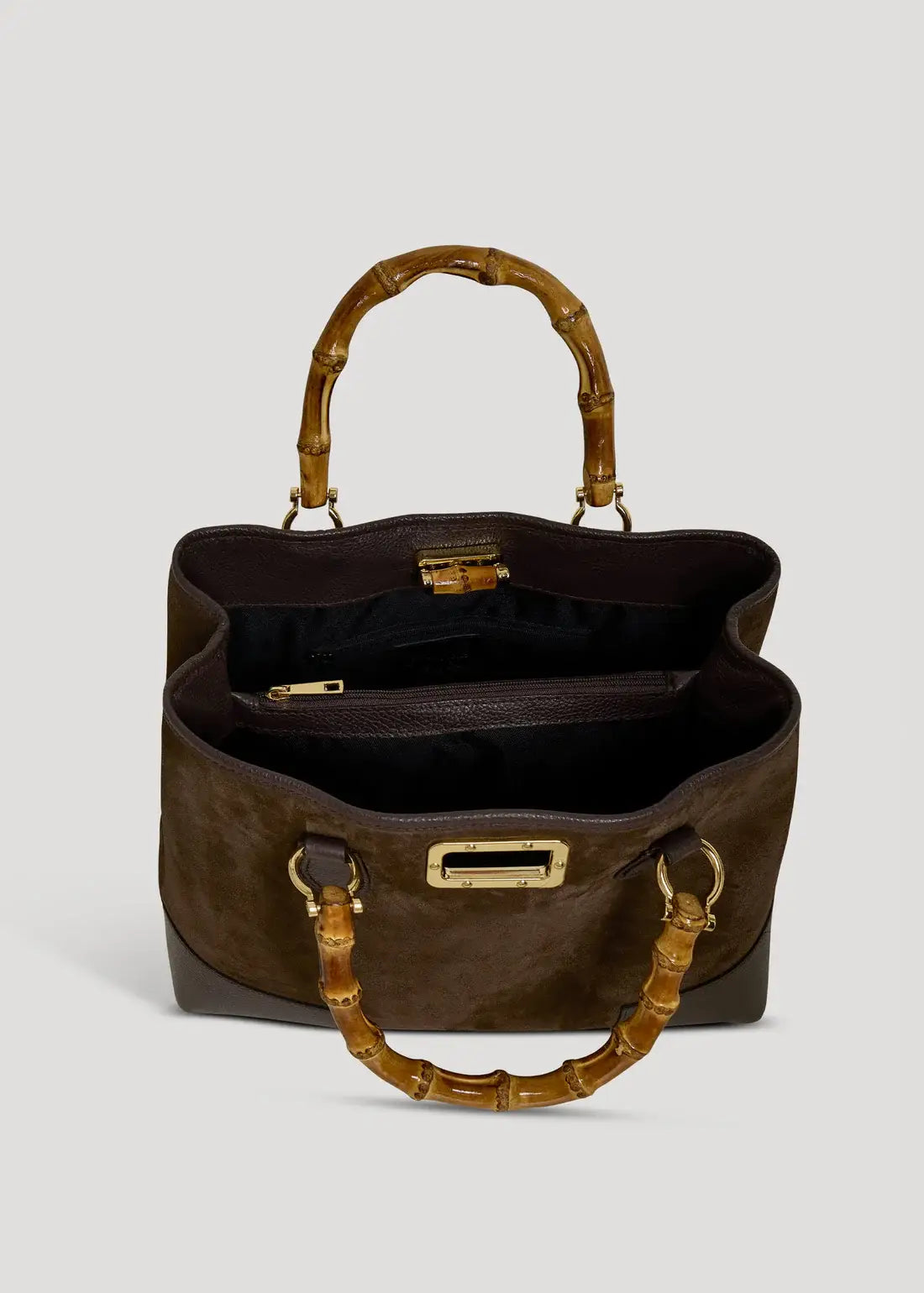 Large Handbag in Genuine Suede and Dollaro Leather, stor håndveske med bambushåndtak
