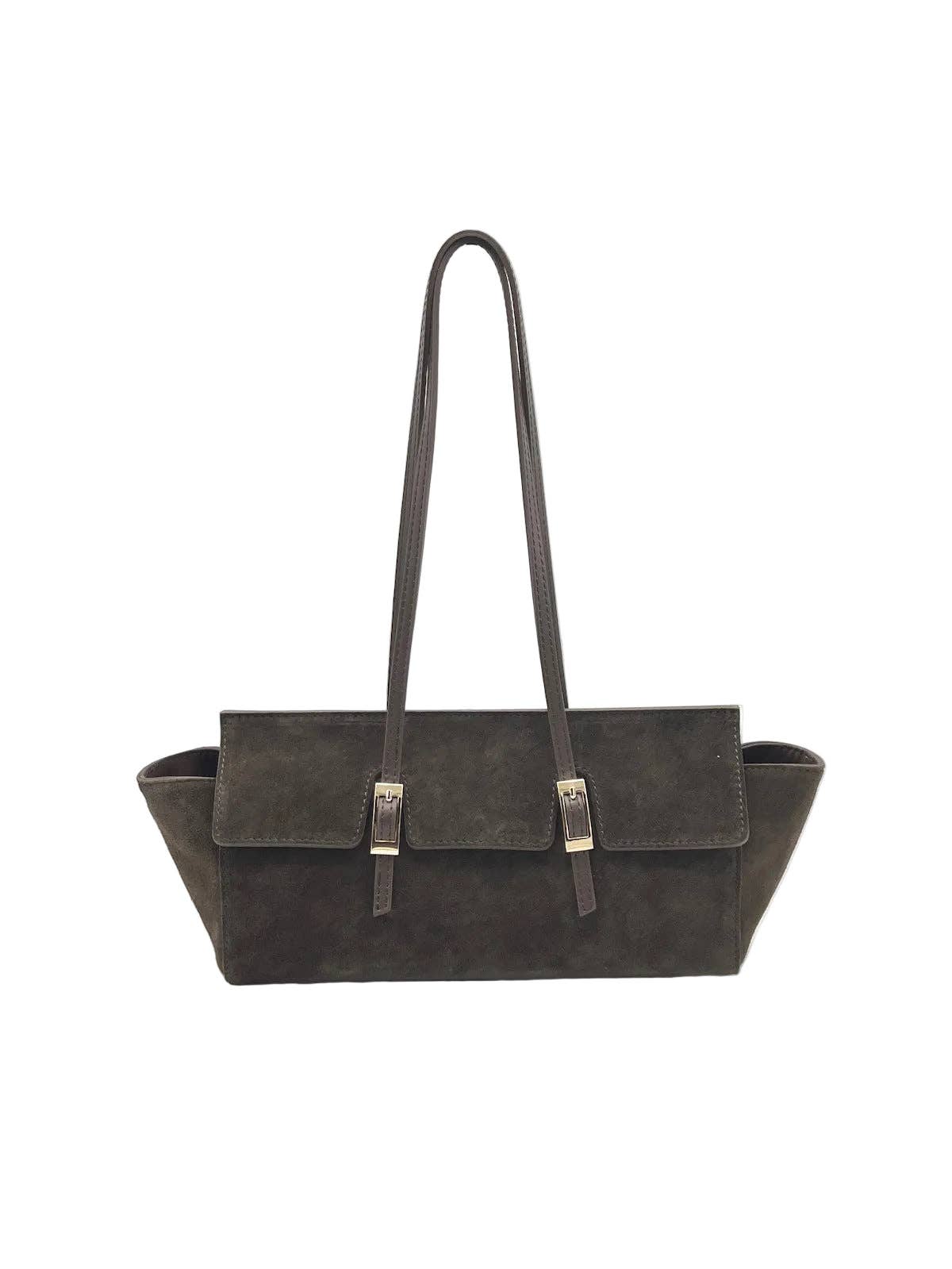 Bred toteveske i semsket skinn med doble spenner