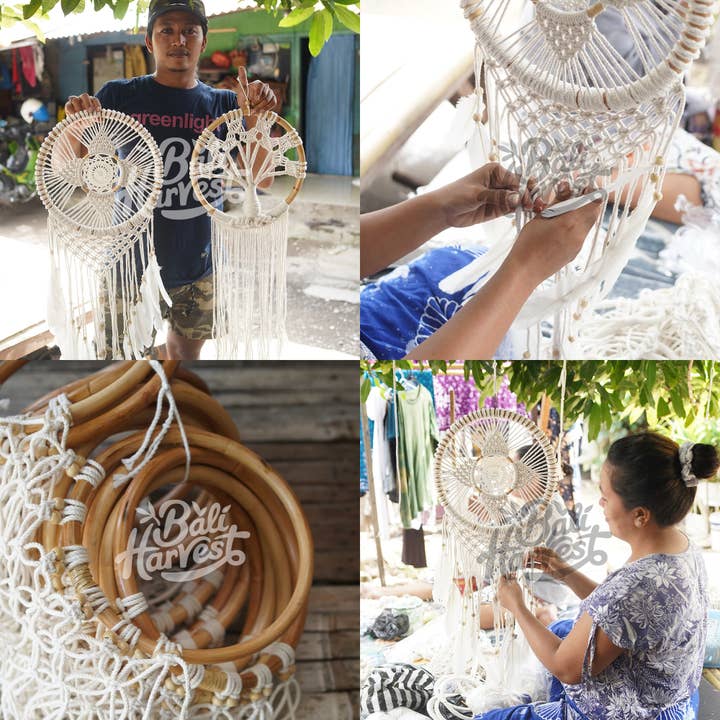 Bali Harvest Star of Lakshmi Dream Catcher | Rattan, Cotton & Goose Feathers | Large | Handmade in Bali