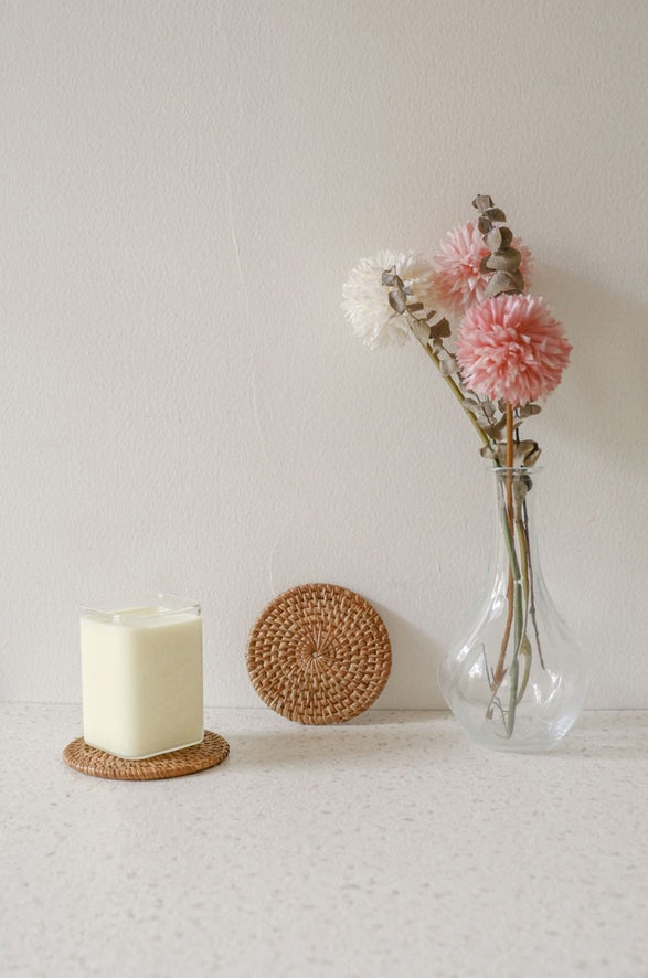 Hand-Woven Round Rattan Coaster – Natural Coastal Table Decor