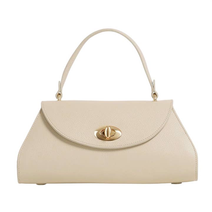 Sesto Shoulder Bag | Beige | Genuine Togo Leather | Clasp & Zip Closure | Light Gold Hardware | Handcrafted in Italy | Modarno