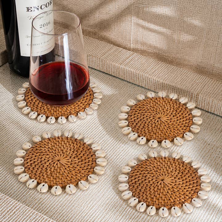 Hand-Woven Rattan Coaster with Cowrie Shell – Natural Brown