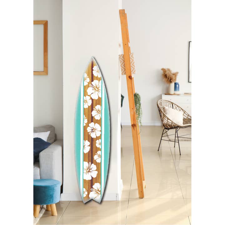 Wooden Surf Board Wall Décor – Hibiscus Teal & White